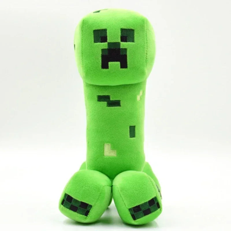 A bright lime green soft plush doll resembling a Minecraft character, featuring pixelated black eyes and body details.