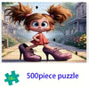 A 500-piece jigsaw puzzle featuring a cartoon character in a pink dress and purple high heels.