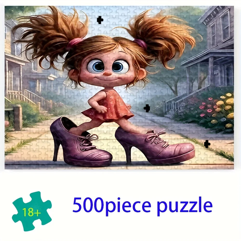 A 500-piece jigsaw puzzle featuring a cartoon character in a pink dress and purple high heels.