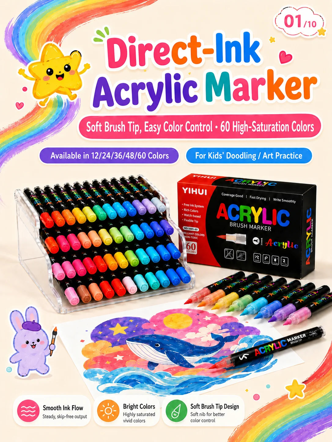 A set of Direct-Ink Acrylic Markers featuring 60 high-saturation colors for doodling and art practice.