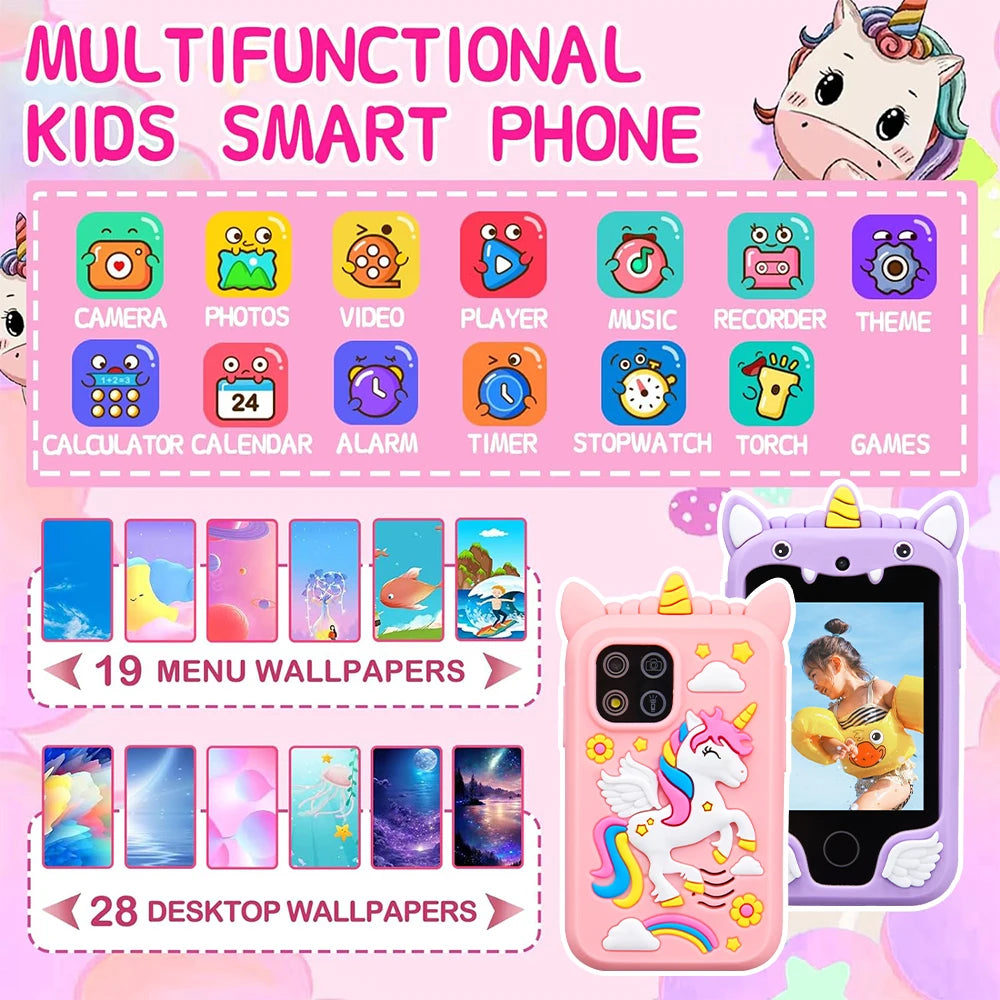 A pink unicorn themed smart phone displaying various app icons and featuring colorful wallpapers.