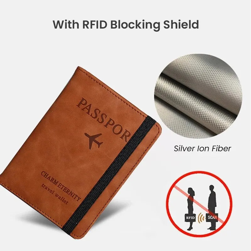 Brown leather passport cover with a silver ion fiber RFID blocking shield and a warning against scanning.