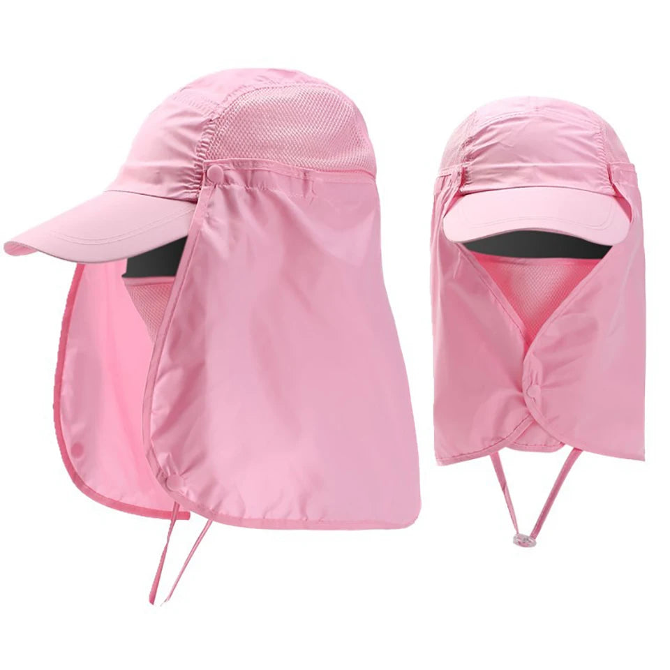 Pink UPF 50+ breathable wide brim sun hat for men and women shown in a folded state