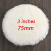 A white, fluffy wool polishing pad measuring 3 inches or 75mm.