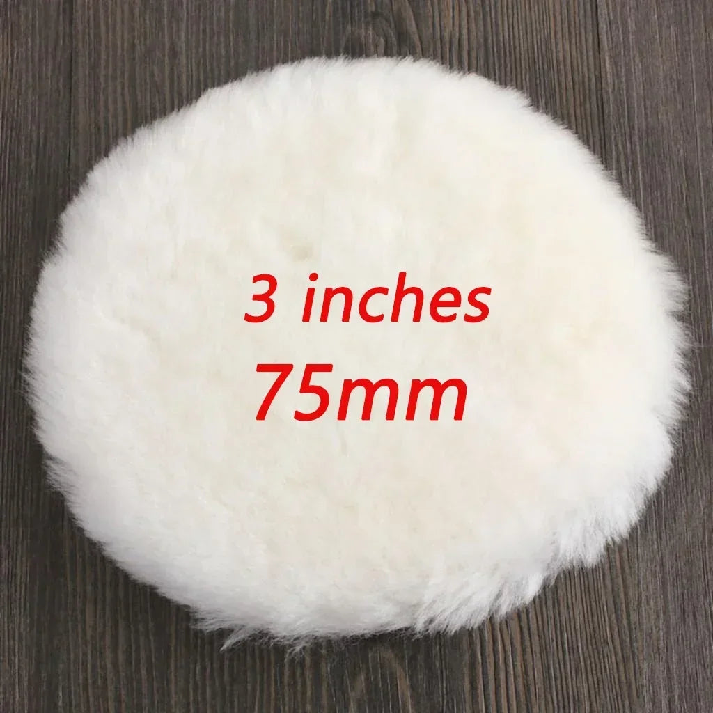A white, fluffy wool polishing pad measuring 3 inches or 75mm.