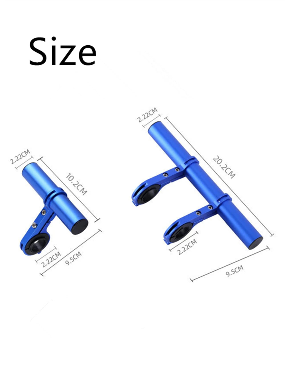 A blue aluminum alloy bicycle handlebar extender mount shown with various dimensions.