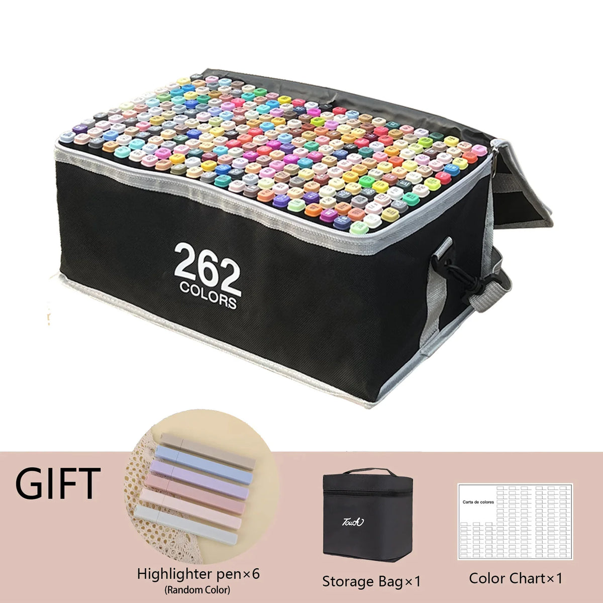 A gift set of 262 alcohol markers in a black box, including a highlighter pen and a storage bag.