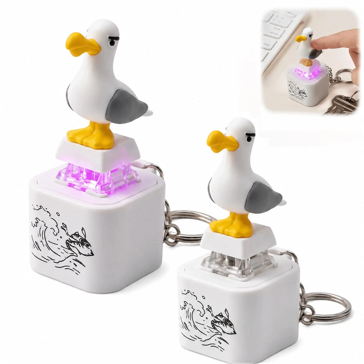 A white seagull figure keychain fidget toy with an LED light and a yellow base.