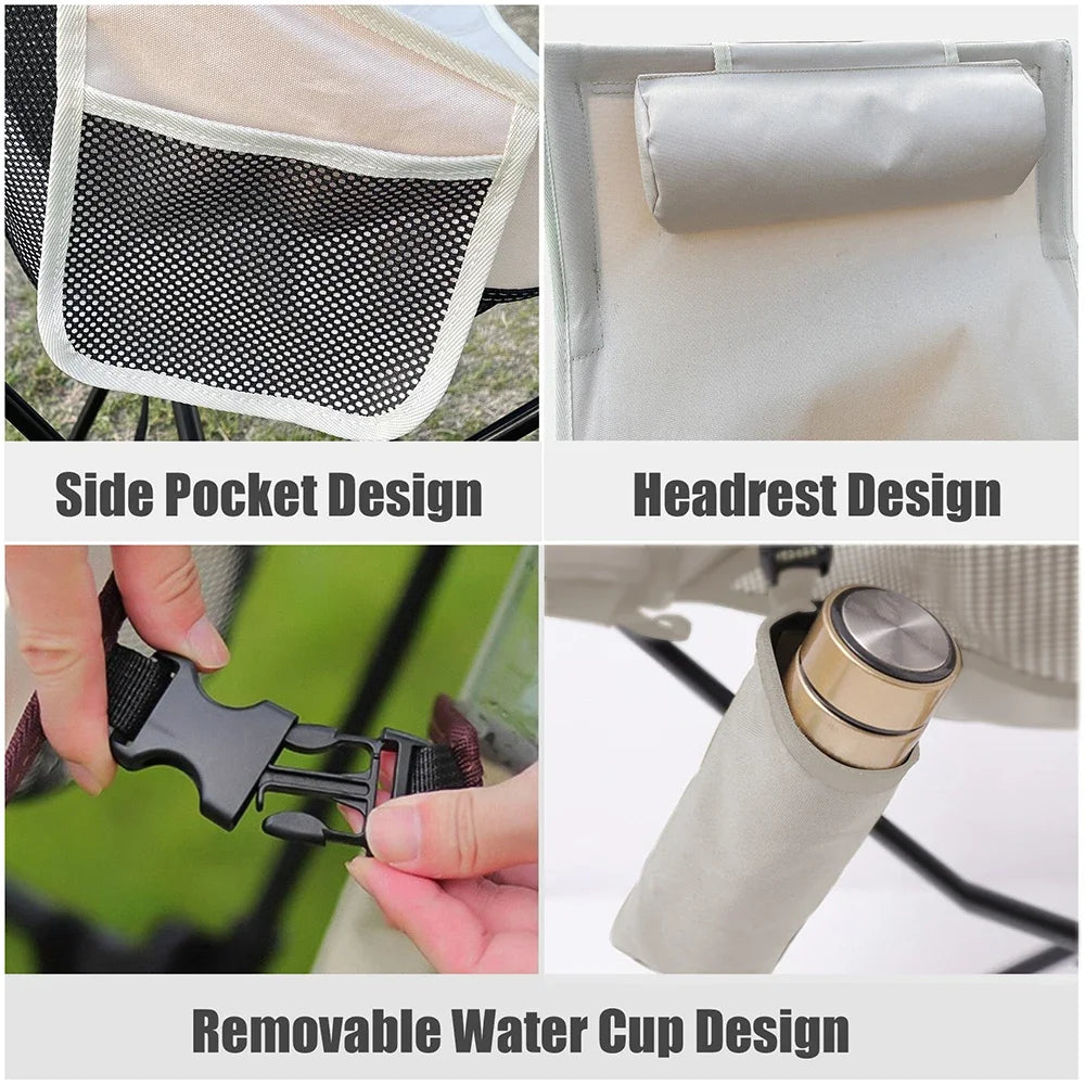 Verschiedene Designs eines tragbaren zusammenfaltbaren Campingstuhls mit Seitentaschen, Kopfstützen und einer abnehmbaren Was
