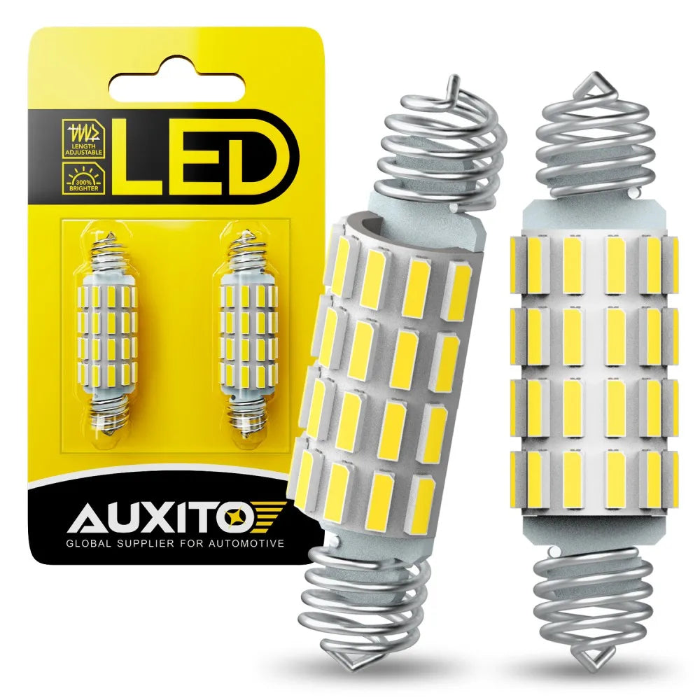 A yellow package showing two silver LED festoon bulbs for automotive interior lighting.