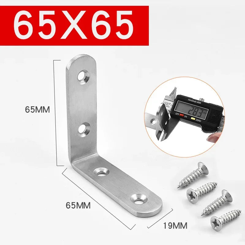 Stainless steel 65x65 angle bracket and screws set with a digital measuring tool