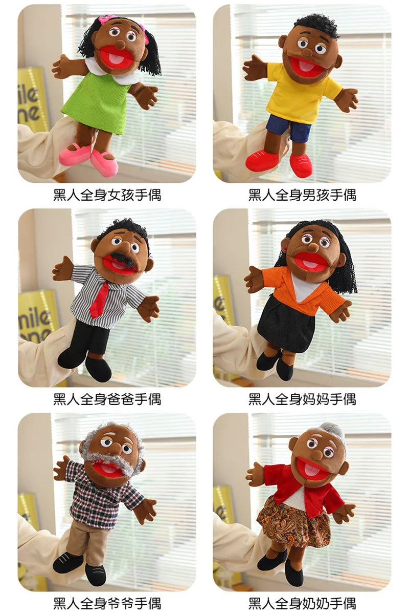 A collection of soft plush full-body hand puppets featuring various skin tones and facial expressions.