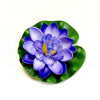 A vibrant purple and blue lotus flower with green leaves floating on white.