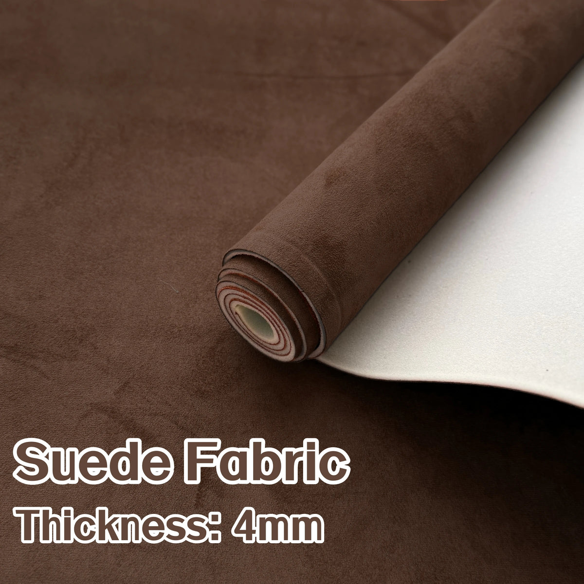 Roll of brown suede fabric with a white backing showing the thickness of 4mm