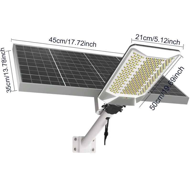 A solar street light fixture with a solar panel and LED light head is shown, measuring 35cm to 50cm in length.