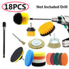 A collection of 18 cleaning brushes and accessories including various bristles, foam tips, and drill attachments for detailin