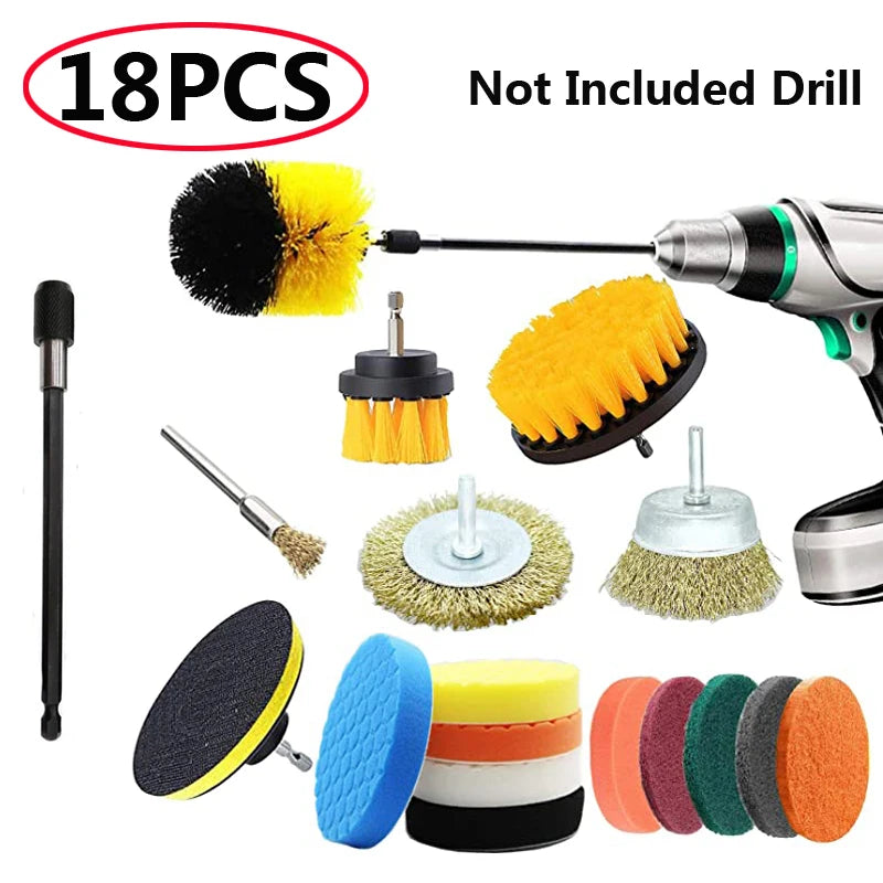 A collection of 18 cleaning brushes and accessories including various bristles, foam tips, and drill attachments for detailin