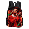 A black backpack featuring a graphic of a soccer player in a red shirt with green accents.