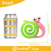 A pink silicone snail rattle toy next to a silver aluminum can measuring 330ml.