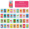 A set of colorful animal shape and color time flash cards for early learning, featuring various fruits like apple, banana, an