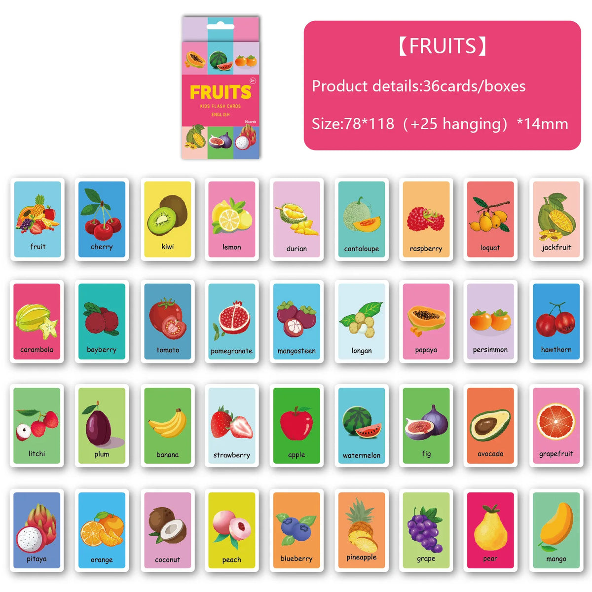 A set of colorful animal shape and color time flash cards for early learning, featuring various fruits like apple, banana, an