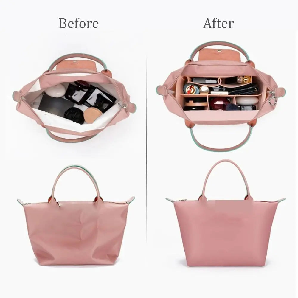 Before and after comparison of a felt purse organizer insert for tote bags showing the transformation from an open pouch to a