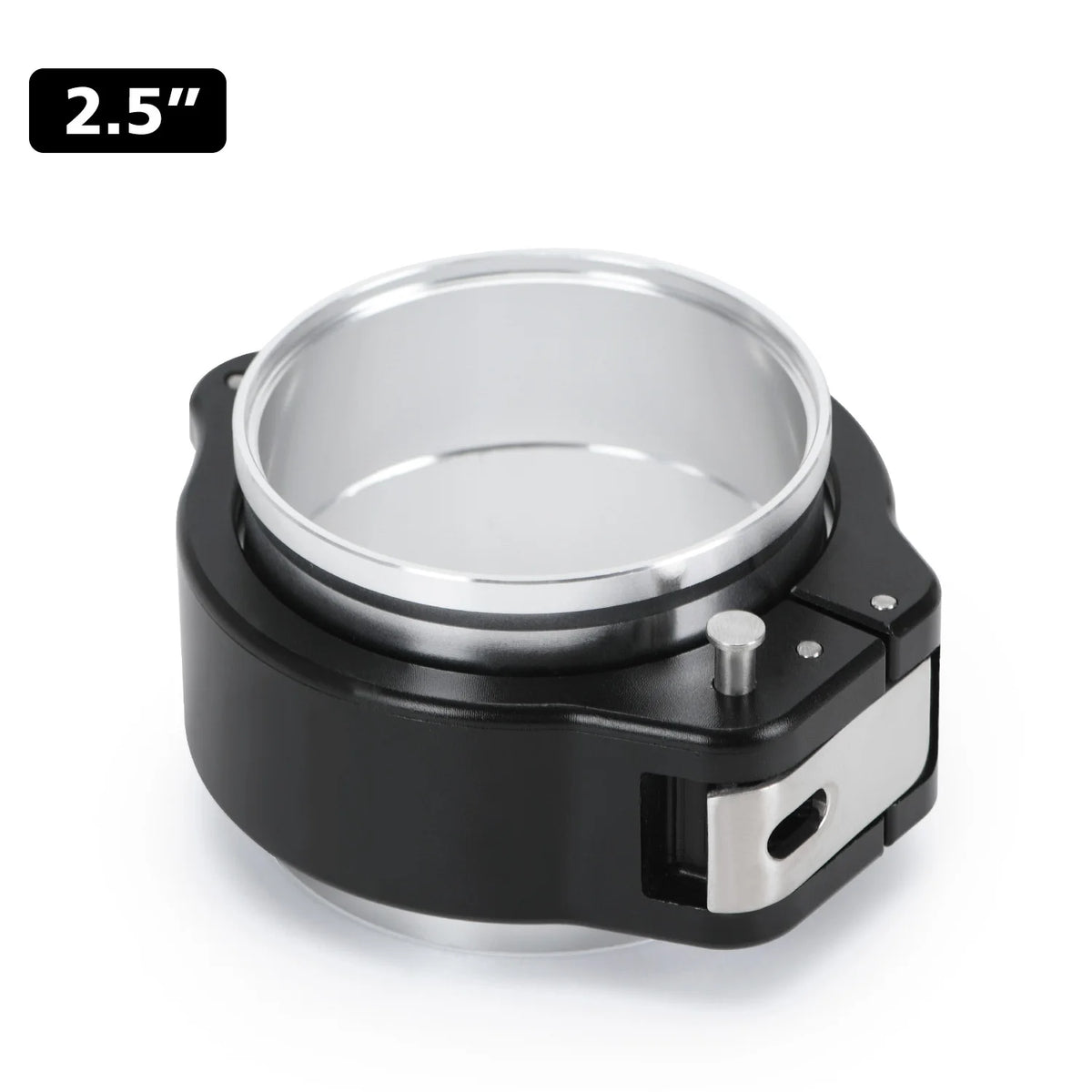 A black heavy-duty aluminum V-band clamp and flange assembly with a silver circular component.