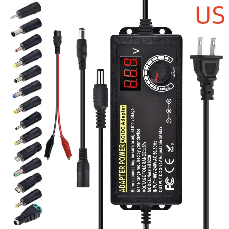 Adjustable AC to DC Power Supply Adapter (3V-24V, 3A)