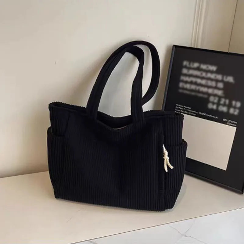 Classic Corduroy Tote Bag with Multiple Pockets