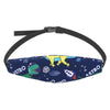 A blue and black patterned sleeping headrest for a baby car seat with an adjustable strap.