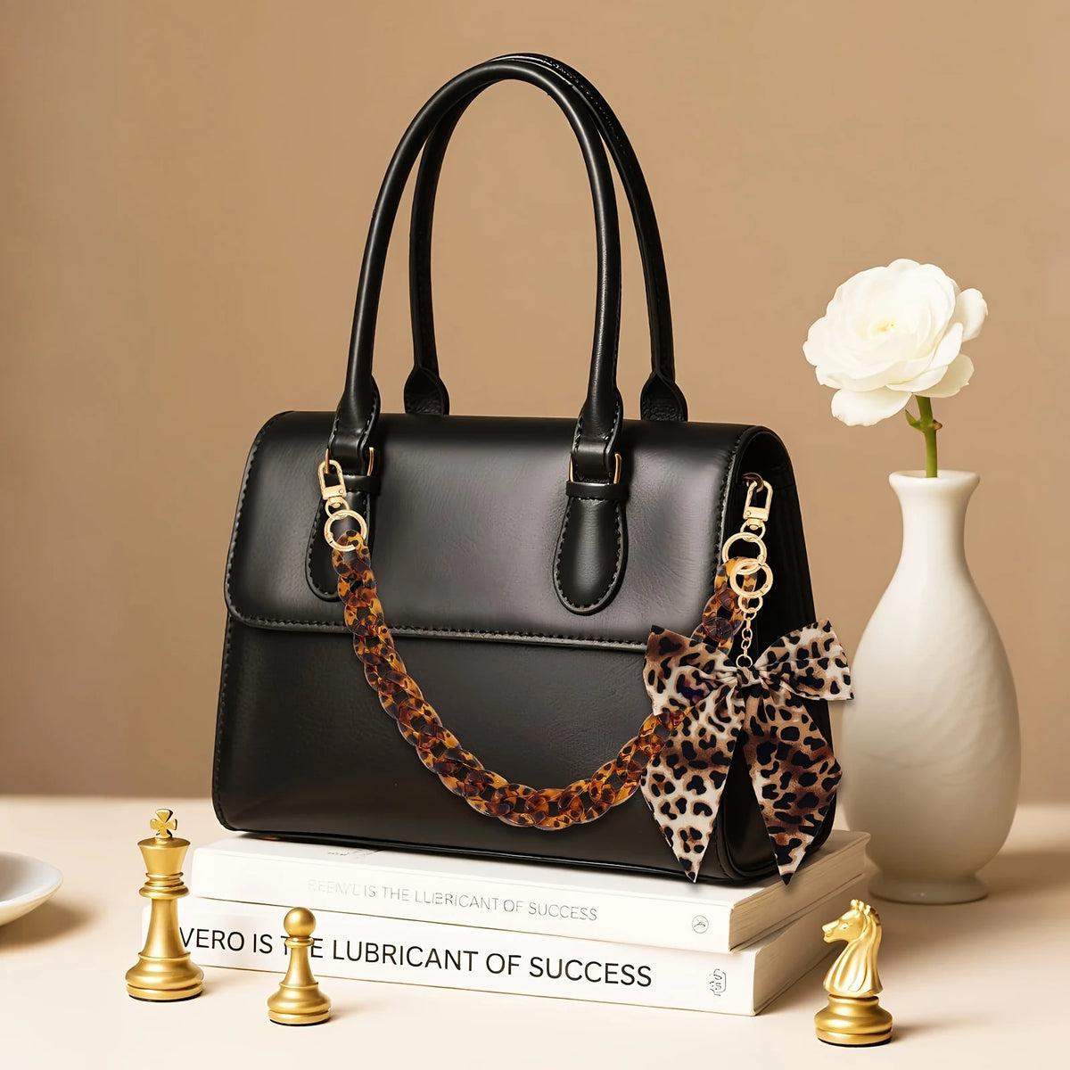 Leopard Print Acrylic Handbag Chain Strap with Bow Charm