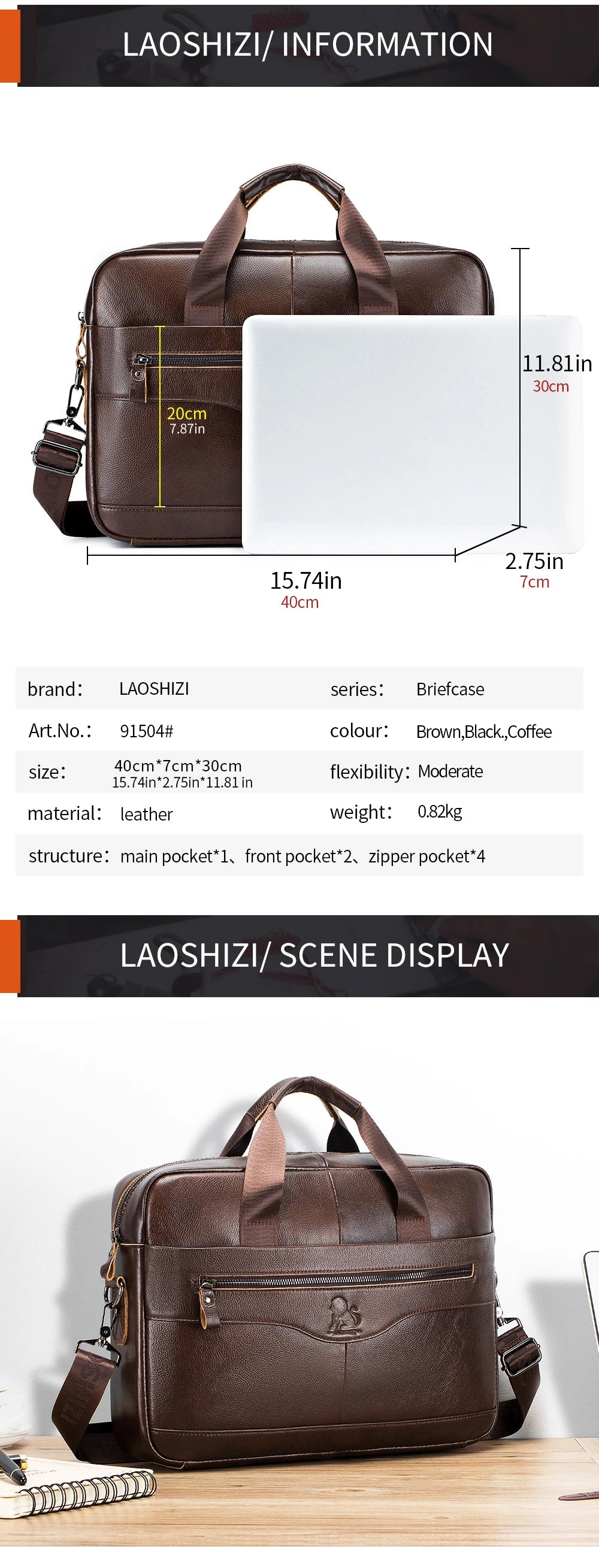 Genuine Leather Laptop Briefcase for Men – 14" Retro Cowhide Bag