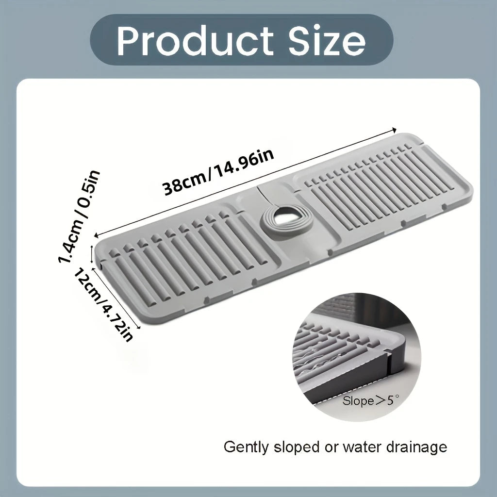 A gray silicone mat with a gentle slope designed for water drainage, showing its dimensions.