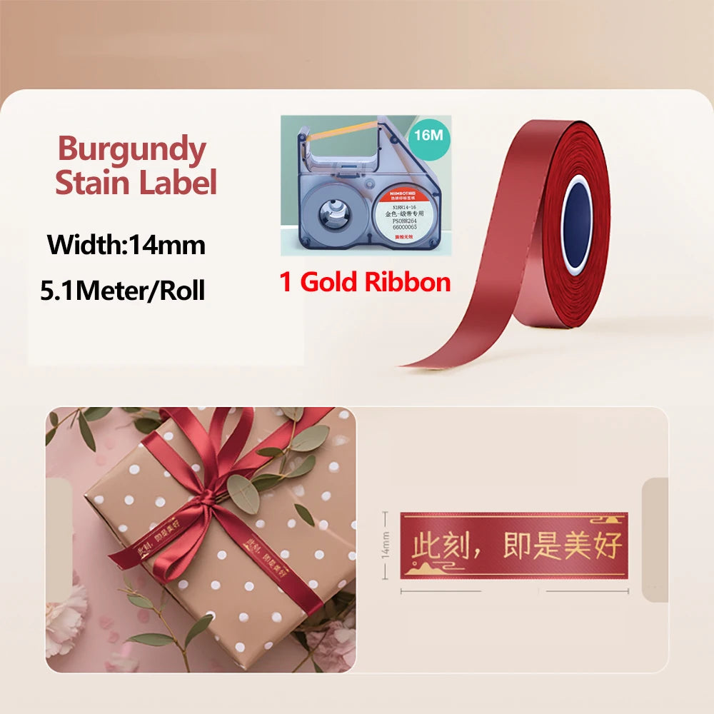 Rolls of gold ribbon satin labels for a printer, showing the ribbon and label dimensions.