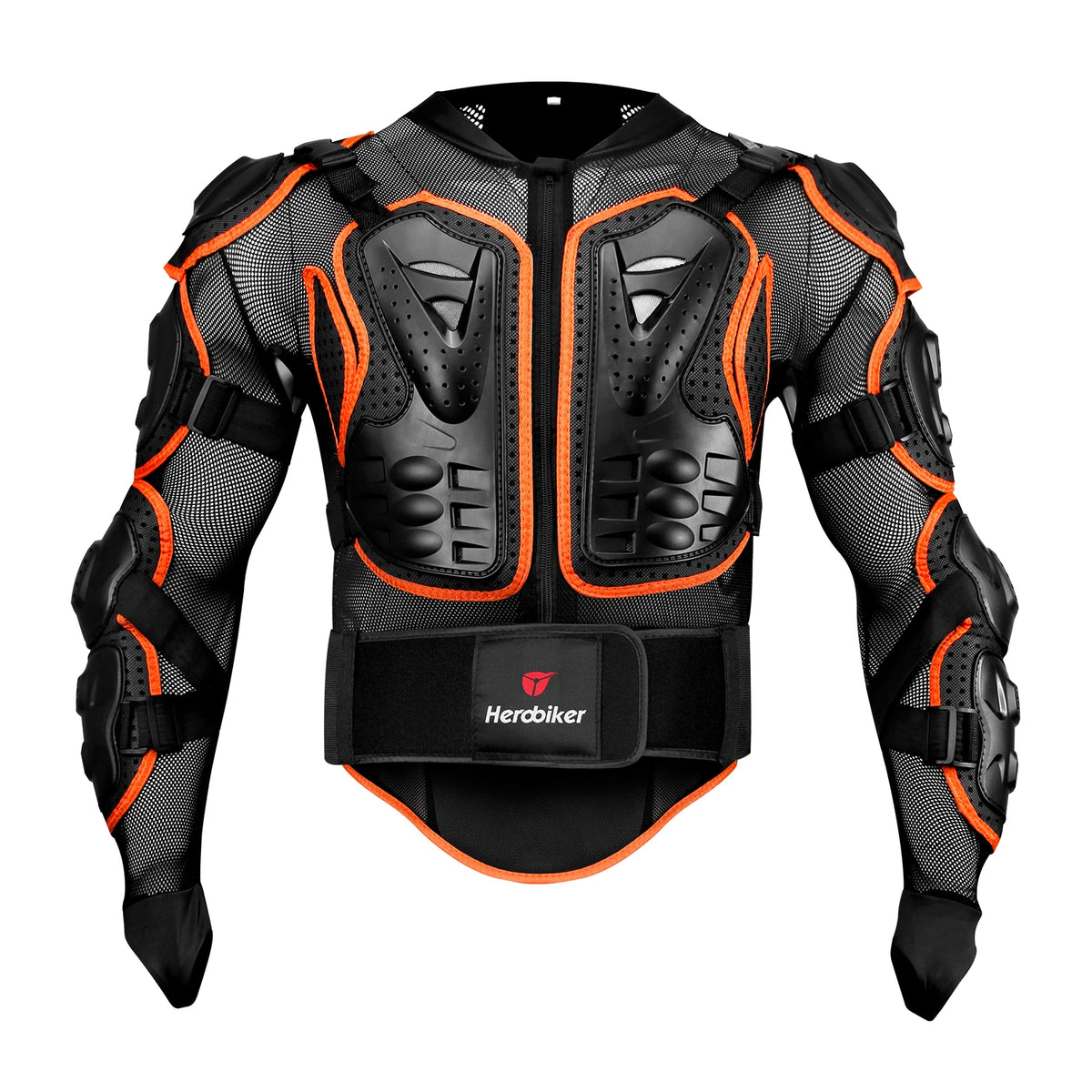 Black motocross armor jacket with orange accents and impact protection features
