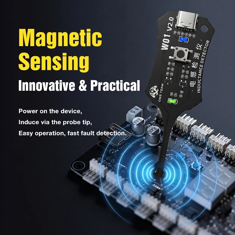 A magnetic sensing device with a probe tip is shown interacting with a circuit board for electronic fault detection.