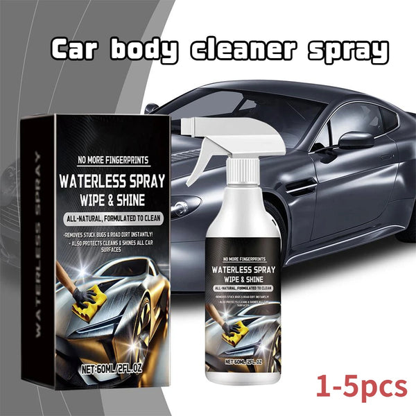 A bottle of waterless spray wipe and shine for car body cleaning next to its packaging and a dark car.