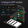 A smartphone displays an intelligent app control interface featuring text, rhythm, program list, remote control, and clock/da