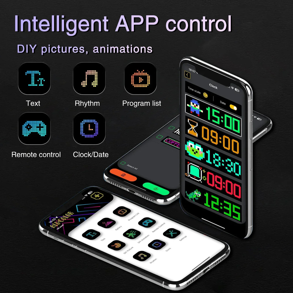 A smartphone displays an intelligent app control interface featuring text, rhythm, program list, remote control, and clock/da