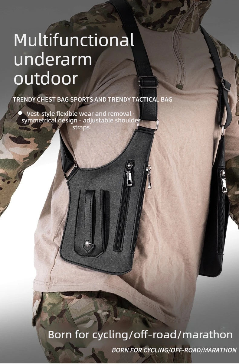 A black multifunctional underarm outdoor vest bag worn on a person's chest, designed for sports and tactical use.