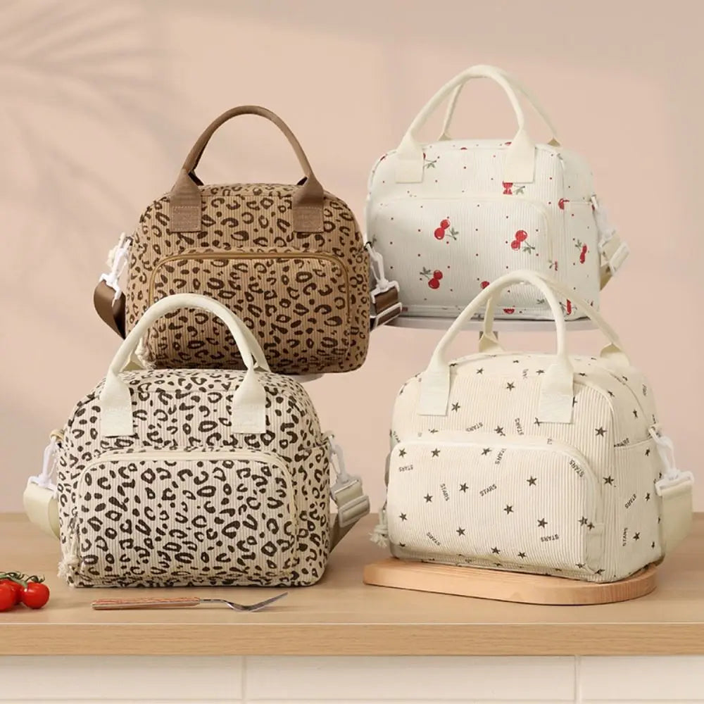 Strawberry Corduroy Insulated Lunch Bag with Large Capacity