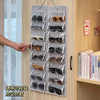 A felt eyewear organizer with 16 slots is displayed on a wooden door, showing various sunglasses and eyeglasses.