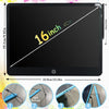 A black LCD writing tablet is shown with various angles and close-ups of its features.