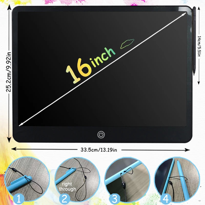 A black LCD writing tablet is shown with various angles and close-ups of its features.