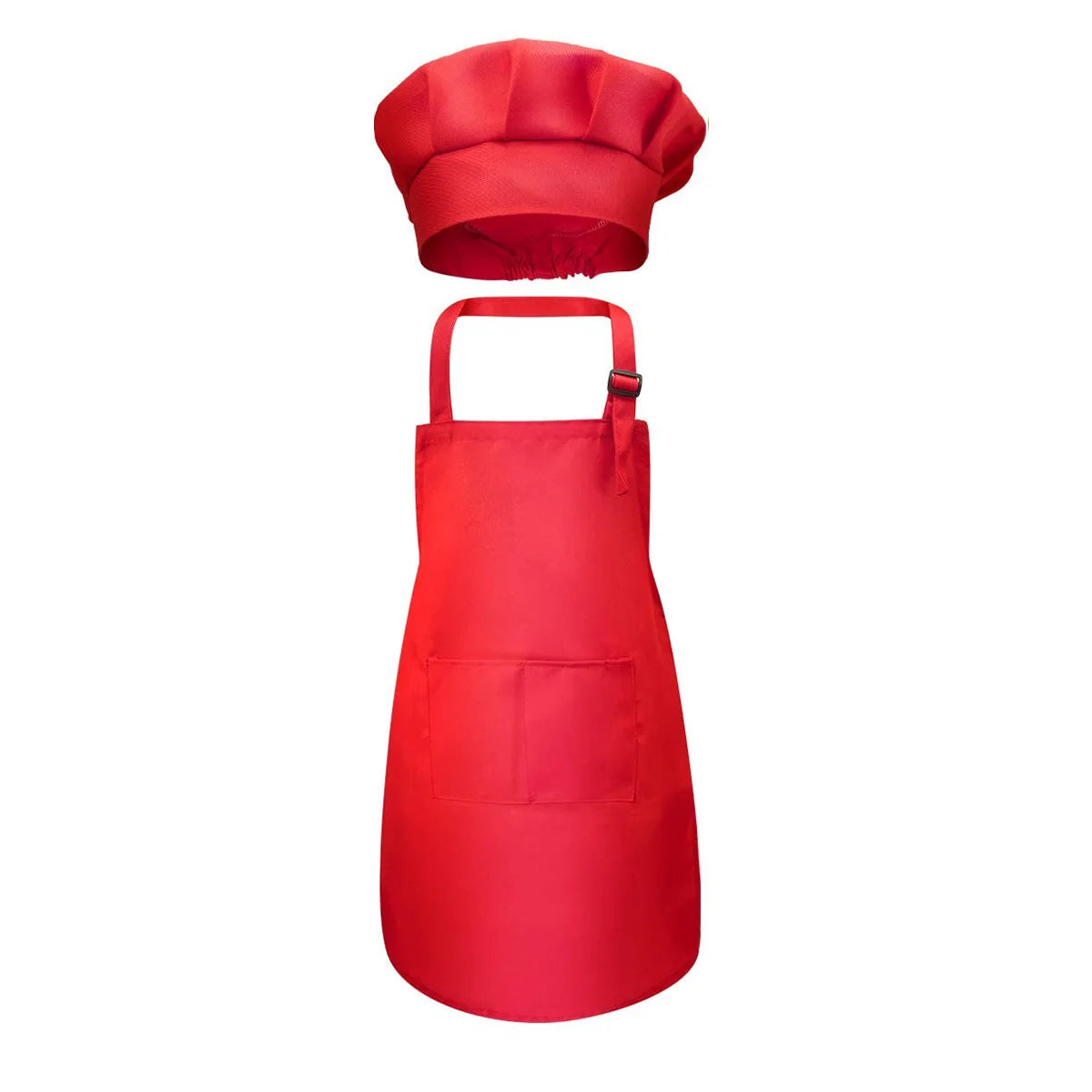 A bright red kids craft apron and chef hat set with an adjustable neck strap.