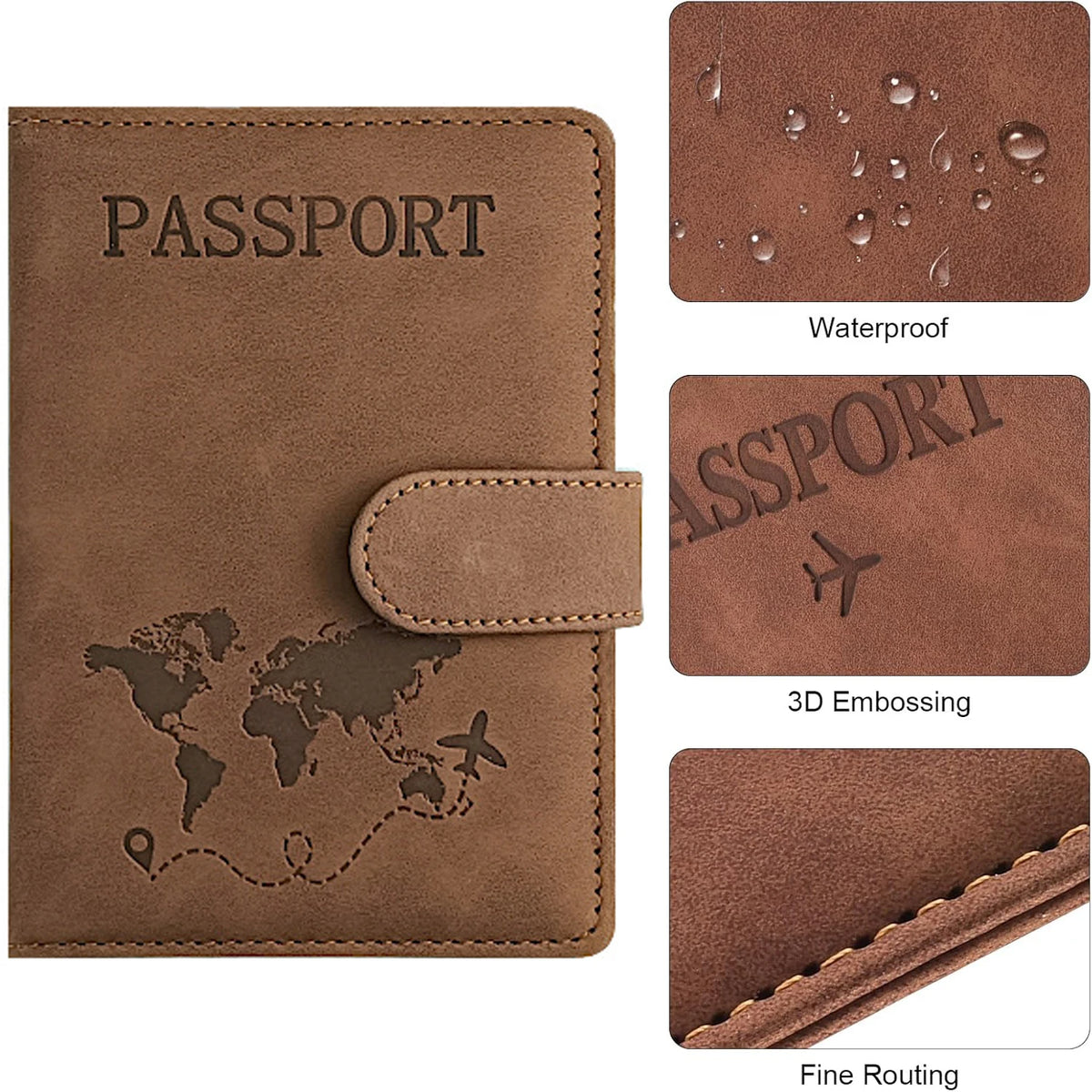 Brown leather passport holder with embossed world map and fine routing details