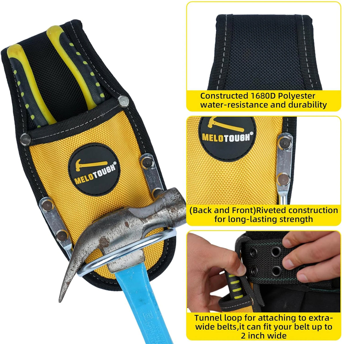 Yellow and black heavy-duty plier holster with a tunnel loop for attaching extra-wide belts