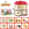 A wooden miniature dollhouse set featuring a house, furniture, and various accessories for play.
