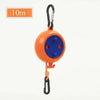 Orange retractable clothesline rope with a blue plastic holder and metal hook.