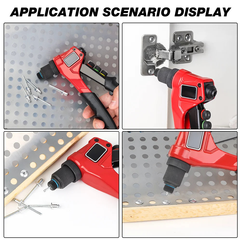 Application scenario display showing a red manual rivet gun kit with interchangeable heads and rivets.